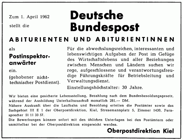 Deutsche Bundespost - Anzeige von 1962