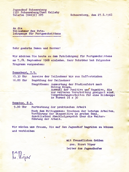Jugendhof Scheersberg - Einladung zur Abschlussarbeit (27.08.1968)