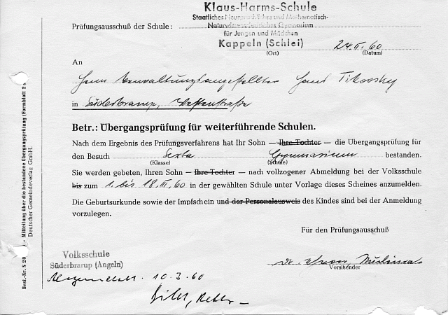 Klaus-Harms-Schule (1960) - Prüfungsbescheid